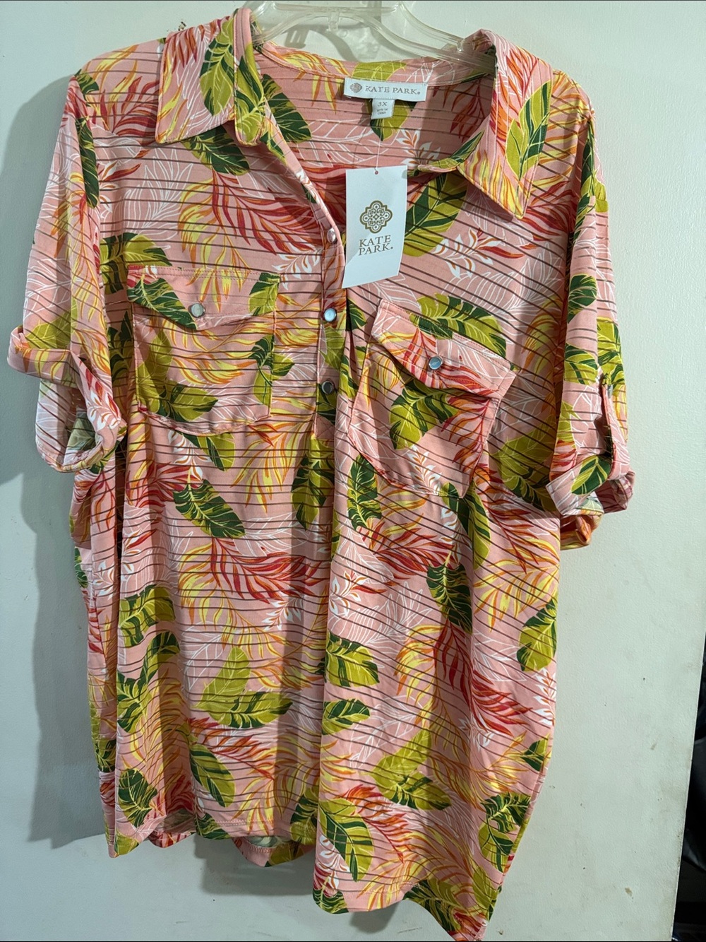 Kate Parks Pink Tropical Leaf Button-Front Blouse